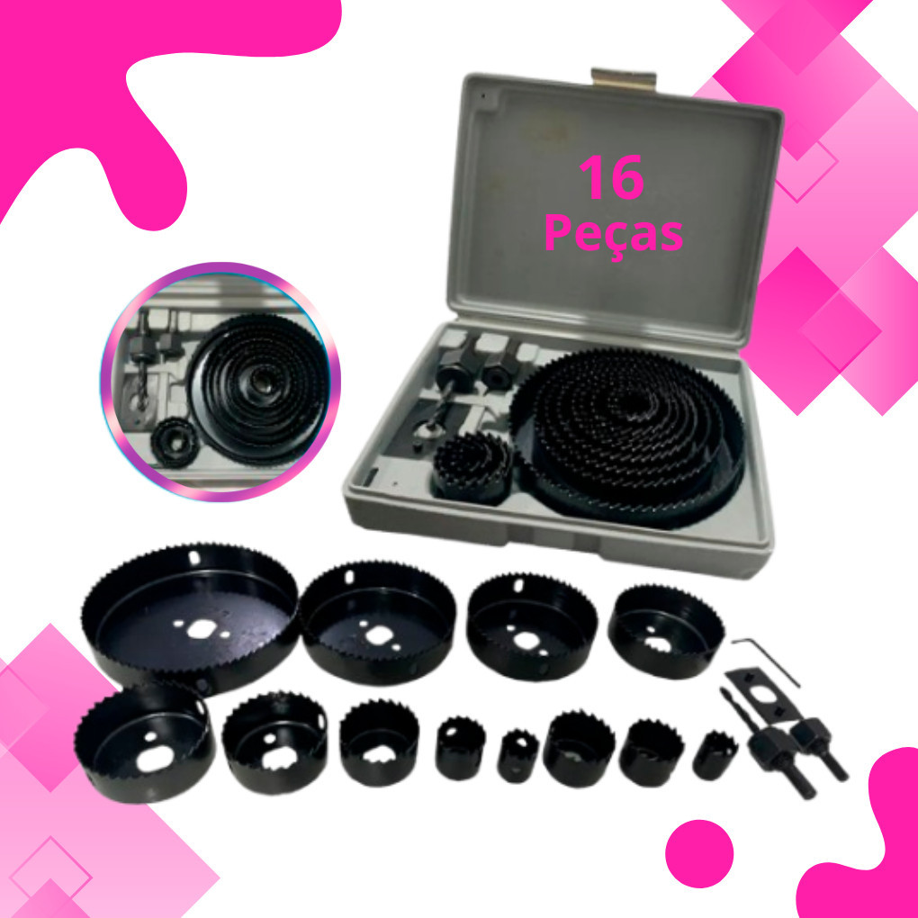 Jogo Kit Serra Copo 16 Peças 19 A 127mm P/ Madeira Gesso e Pvc + Estojo Profissional