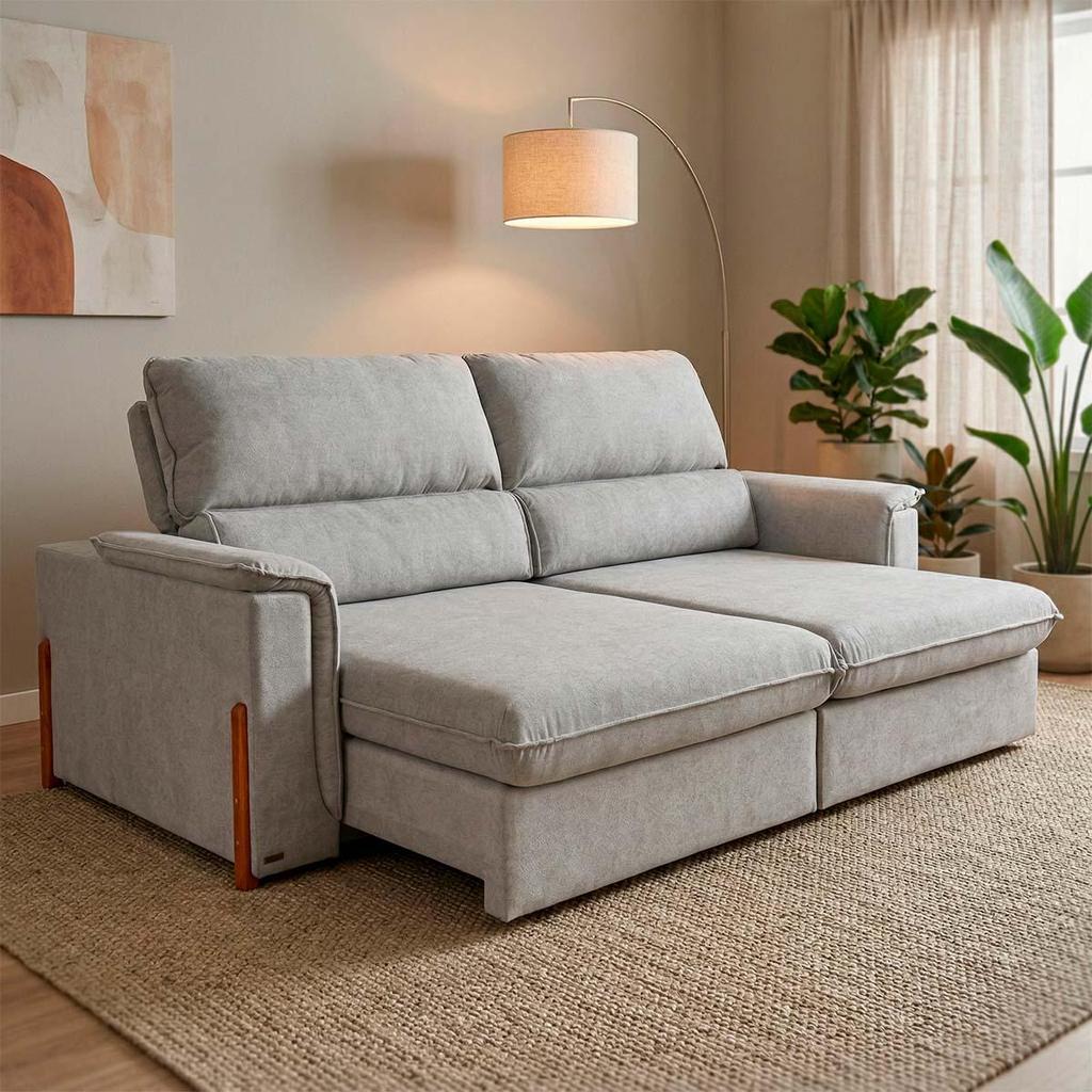 Sofá Retrátil Reclinável Linea 2,50m Linho Bouclê Cinza Duplo Molejo - King House