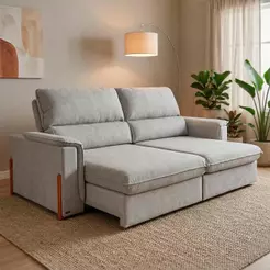 Sofá Retrátil Reclinável Linea 2,50m Linho Bouclê Cinza Duplo Molejo - King House
