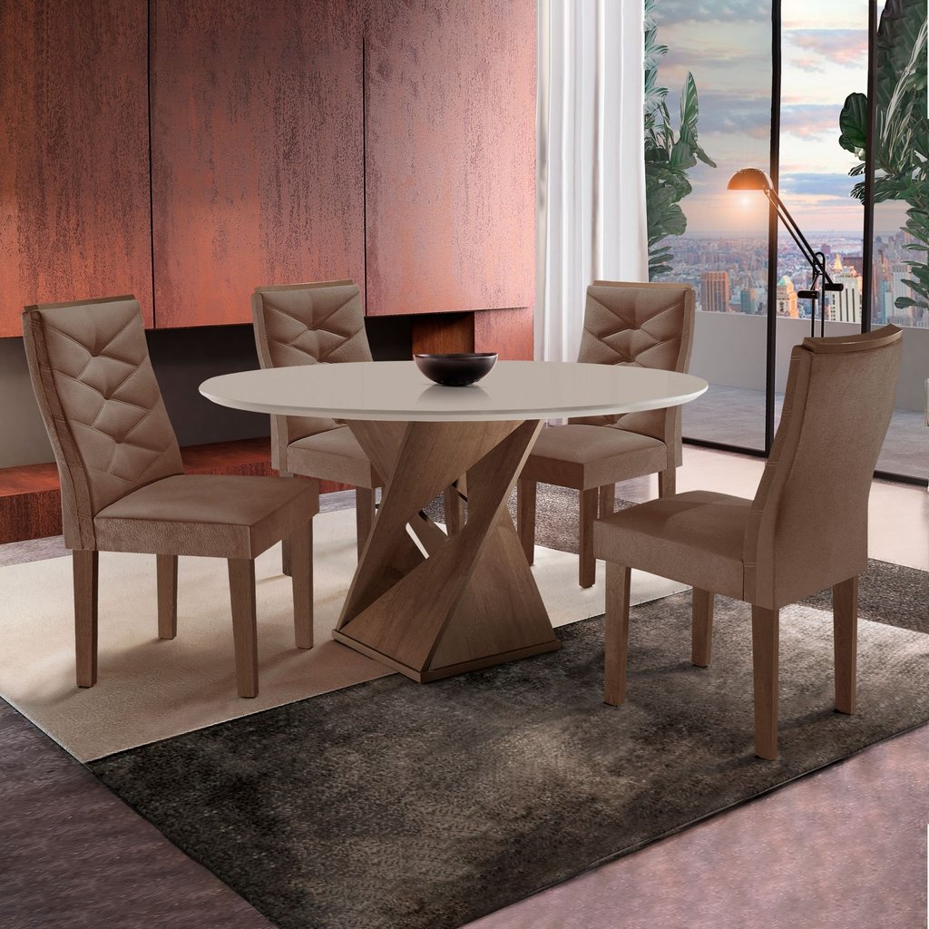 Conjunto Mesa Redonda com 4 Cadeiras Tampo MDF Barcelona Yescasa Chocolate/Off White/Suede Animale