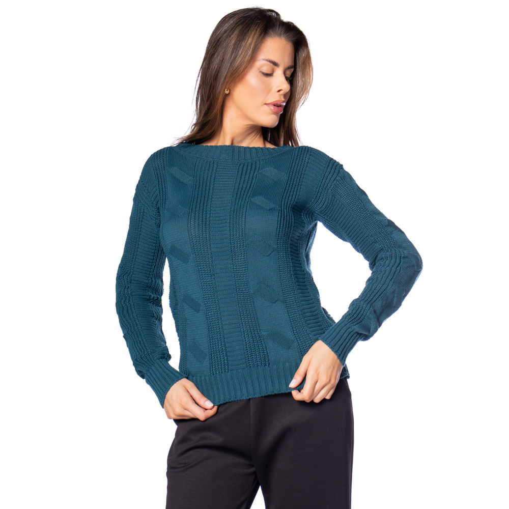 Blusa Feminina Oliveira Malhas Tricot Texturizada Petróleo