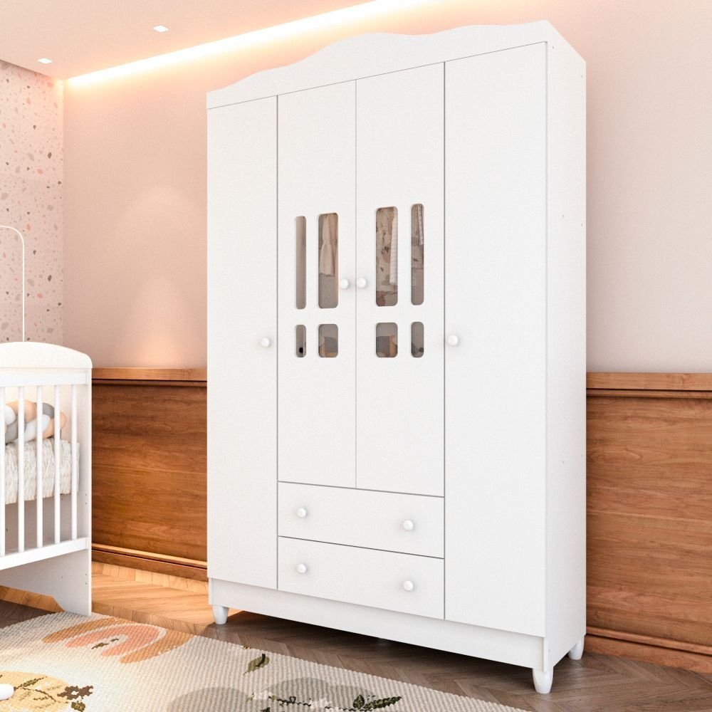 Guarda-Roupa Infantil 4 Portas 2 Gavetas MDF Ariel Branco Branco