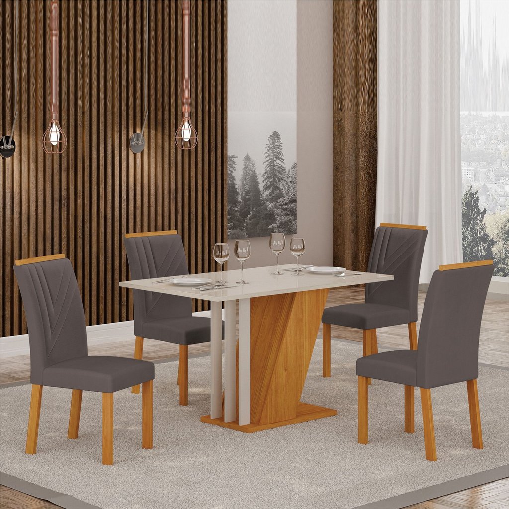 Conjunto Sala de Jantar com 4 Cadeiras Miami Yescasa Freijó/Off White/Chumbo