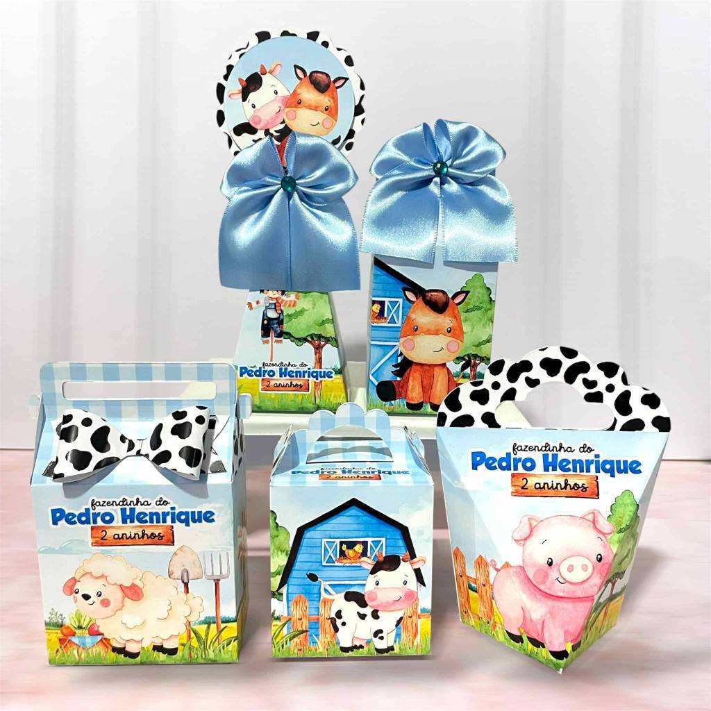 Kit Personalizados caixas Festa Fazendinha Azul |Caixinha|Aniversário|Lembrancinha|Pegue e Monte