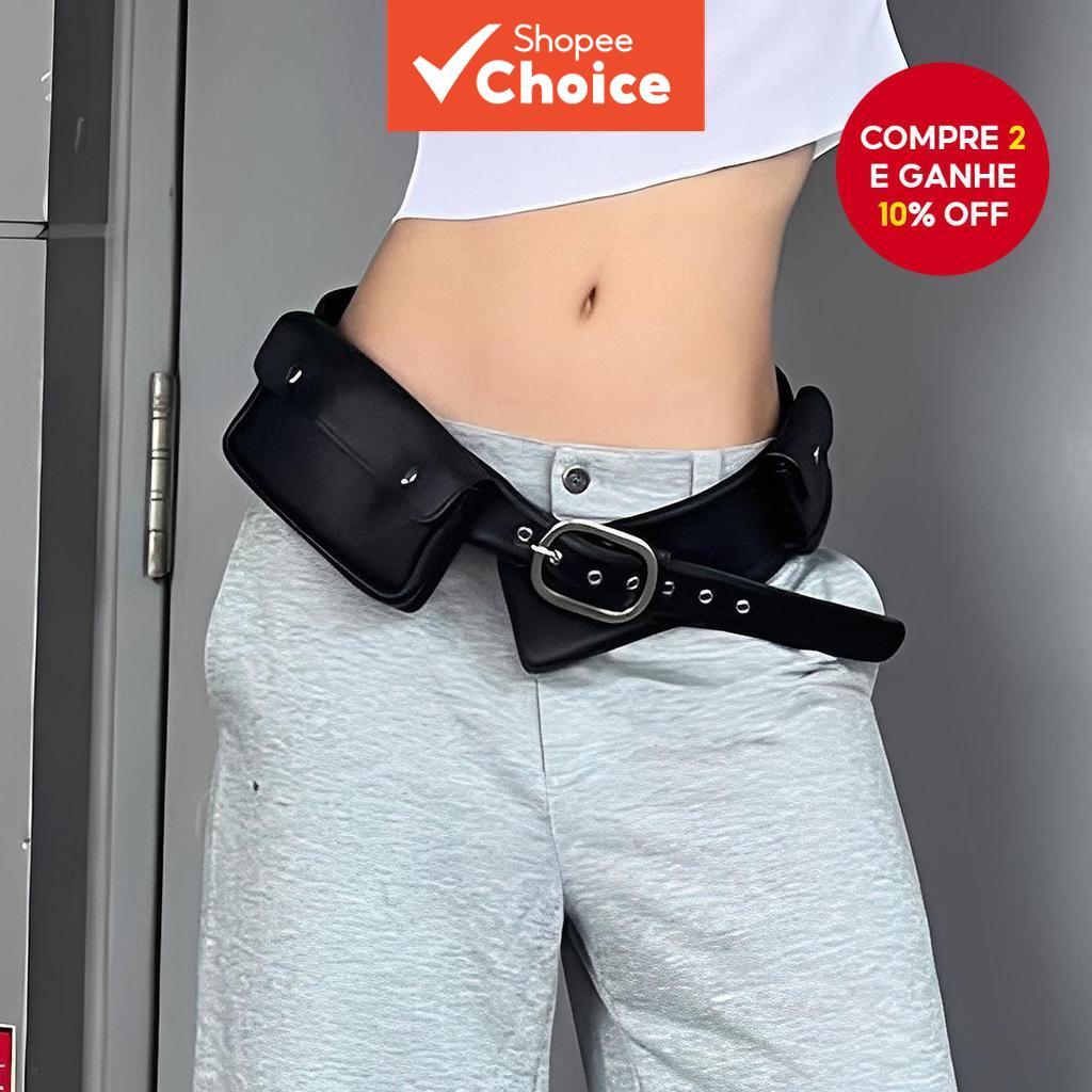 Couro preto com bolsos, cinto de rebite, acessório ajustável, estética Y2K, anos 2000, cinto grunge para mulheres,