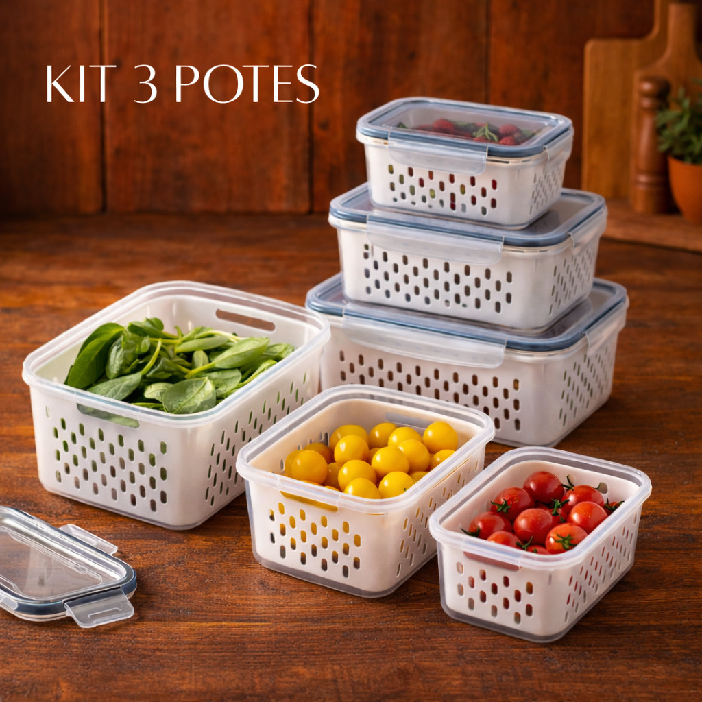 Conjunto 3 Potes Organizadores para Geladeira Com Tampa Hermética Alimentos Frescos Frutas Cozinha Moderna