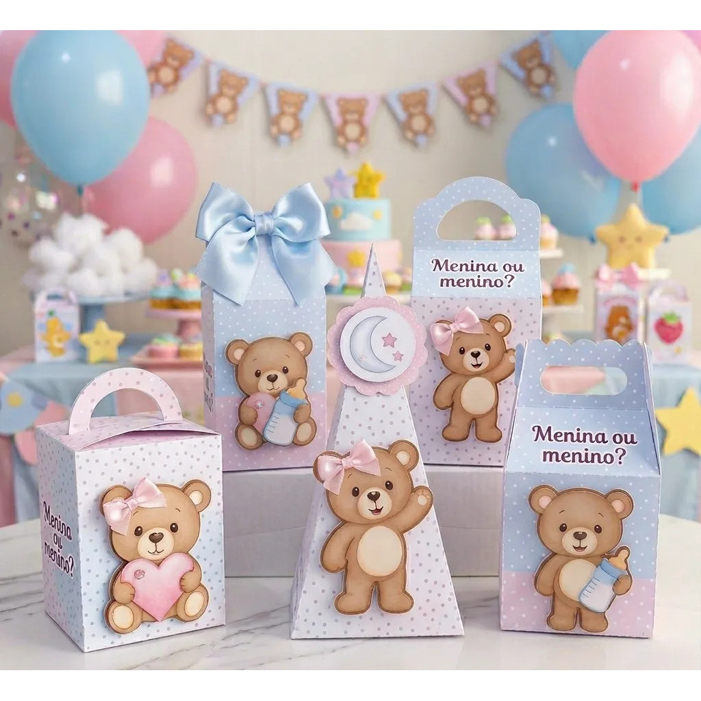 Kit Festa Personalizada Tema CHÁ REVELAÇÃO URSINHOS I Com Laço l  Aniversário l Lembrancinha de festa Pegue E Monte