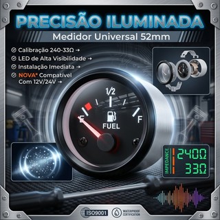 Medidor Nível De Combustível 52mm 2 Polegadas 240-33 Ohms Universal 12v Branco/Preto Com Luz Led