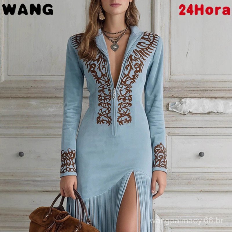 Vestido Longo Feminino Vintage Estilo Étnico com Franjas e Zíper Floral