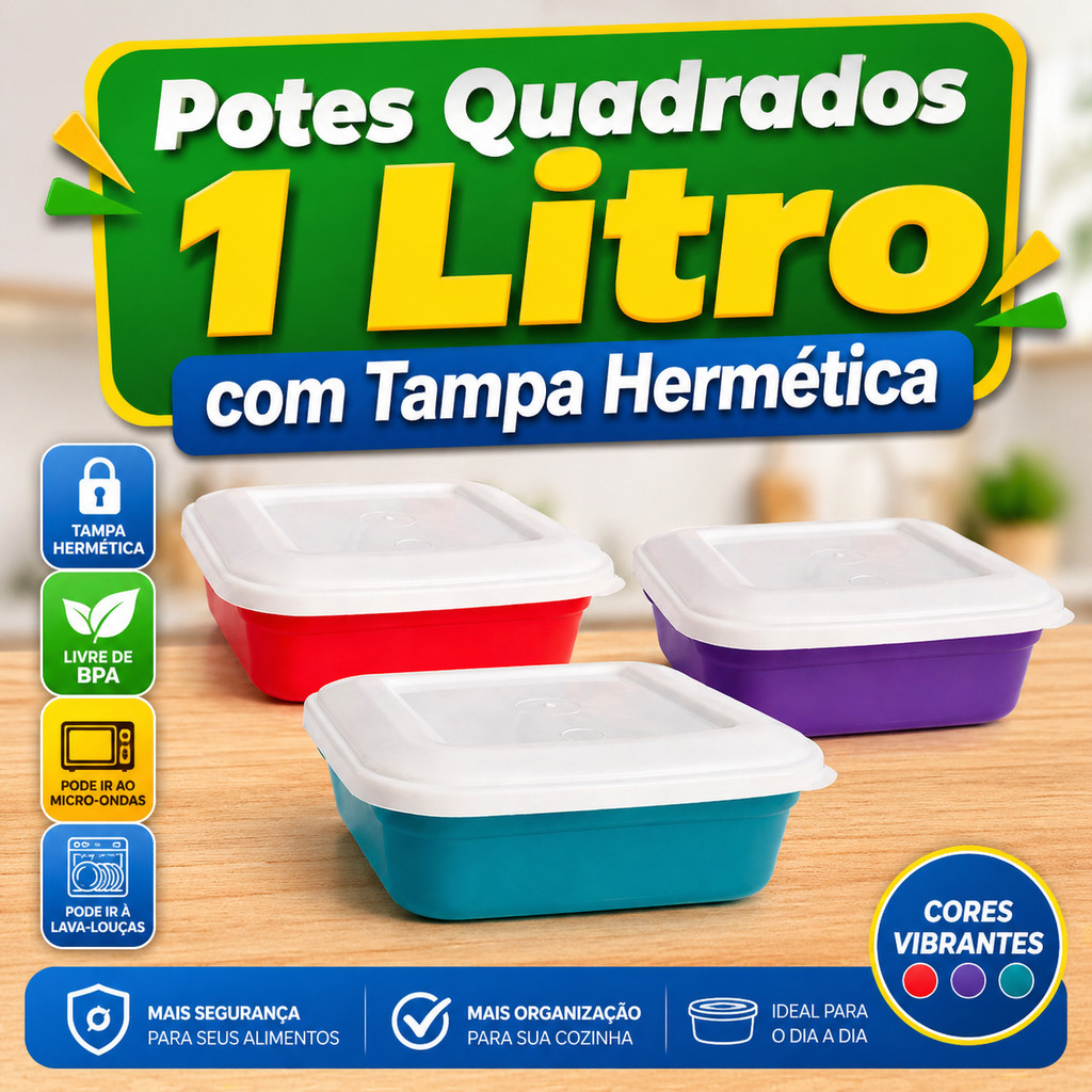 Pote 1L Quadrado Hermético Plástico Reforçado Cozinha Mantimentos Alimentos Freezer Geladeira Organizador