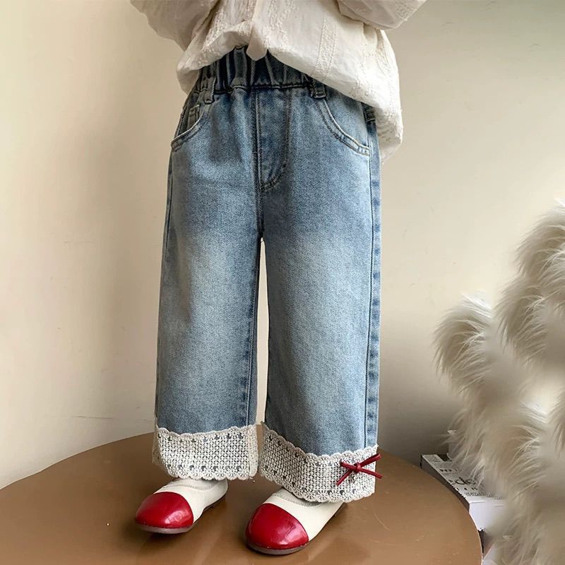 Pronto estoque 100-160CM meninas Jeans de algodão médio grande crianças estampa de desenho animado Casual All-Match calç