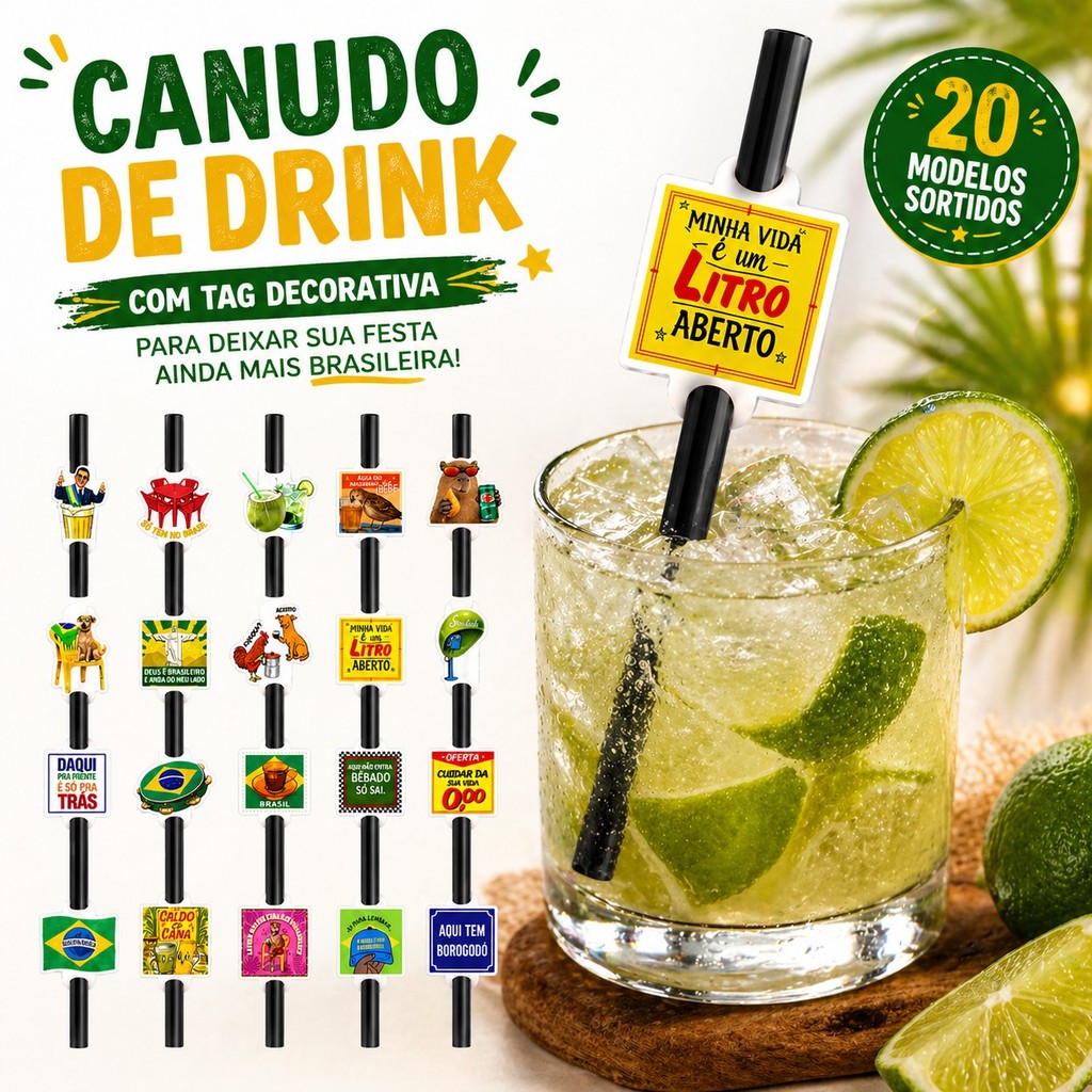 Canudo Drink Brasilidade para Festa Temática Brasil Copa Canudinho personalizado