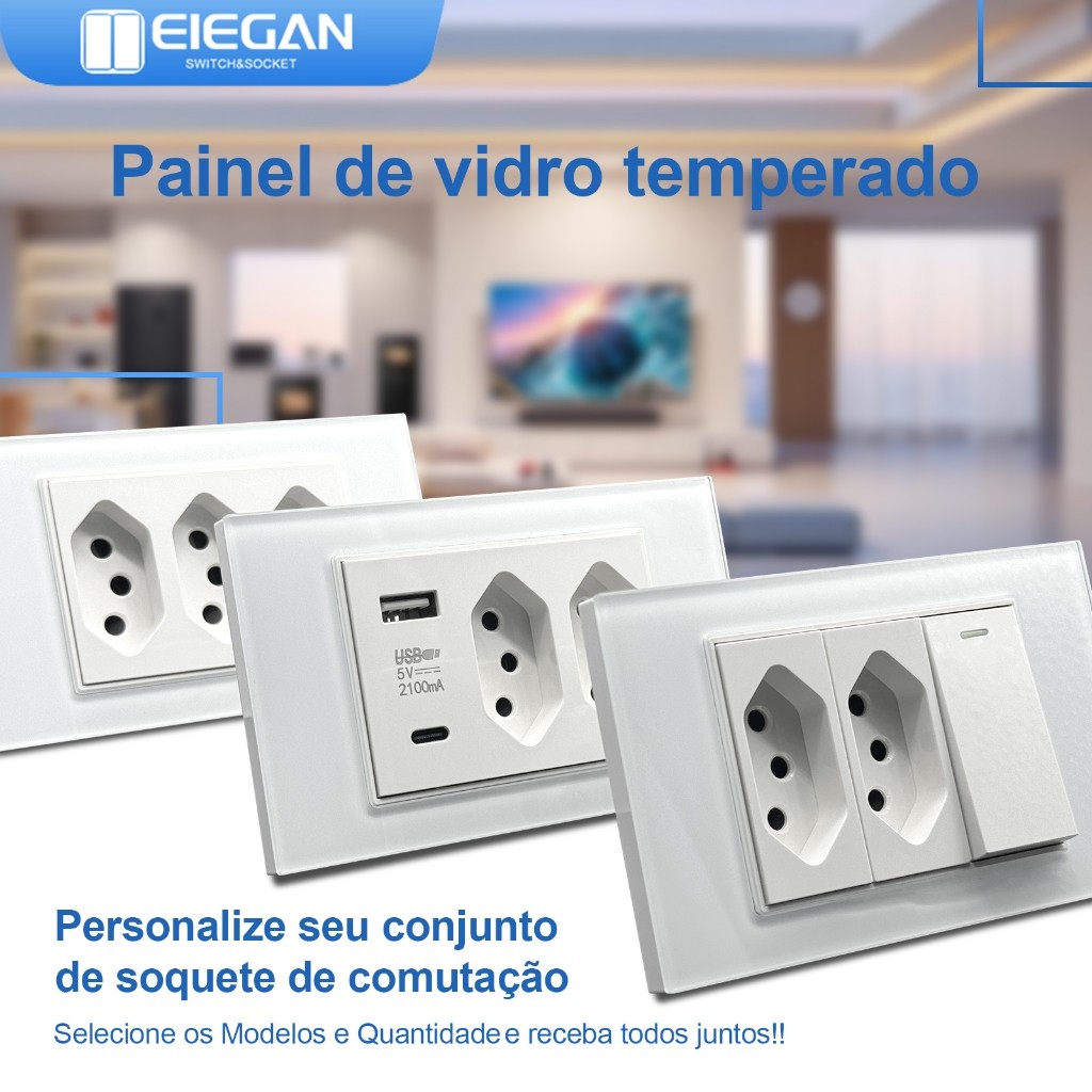 ELEGAN Tomada De Vidro Temperado Branco Padrão Brasileiro USB Tipo C Interruptor De Parede Premium10a 20A-G18