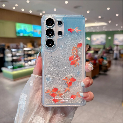 Capa Deslizante De Bolha Líquida Dourada Peixe Samsung Galaxy S26 Ultra S26Plus S25 S25Plus S24 S24Plus S26 S25 S24 Novo