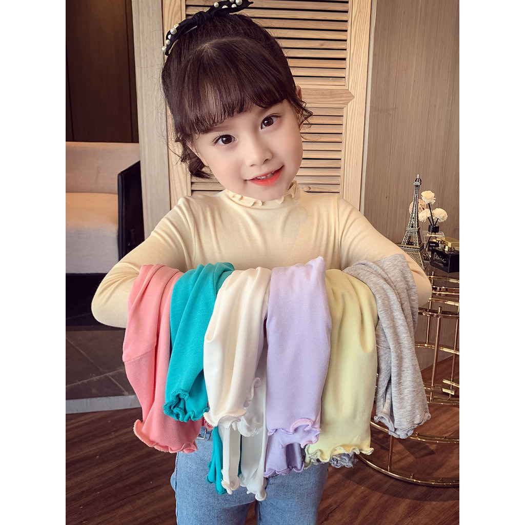 Meninas camisa de fundo crianças interior estilo ocidental renda cor sólida manga comprida camiseta primavera outono All