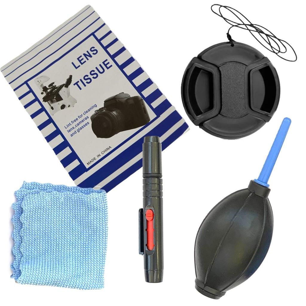 Tampa De Lente 58mm E Kit Limpeza Profissional 4x1 Com Soprador E Pincel Para Equipamento De Foto