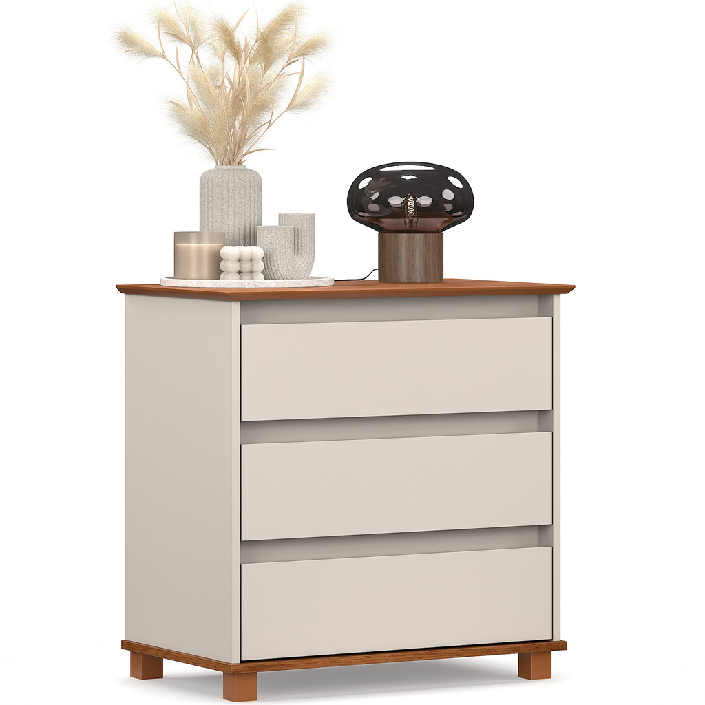 Mini Cômoda de Cabeceira para Quarto 3 Gavetas Pés Madeira Off White com Freijo - EJ