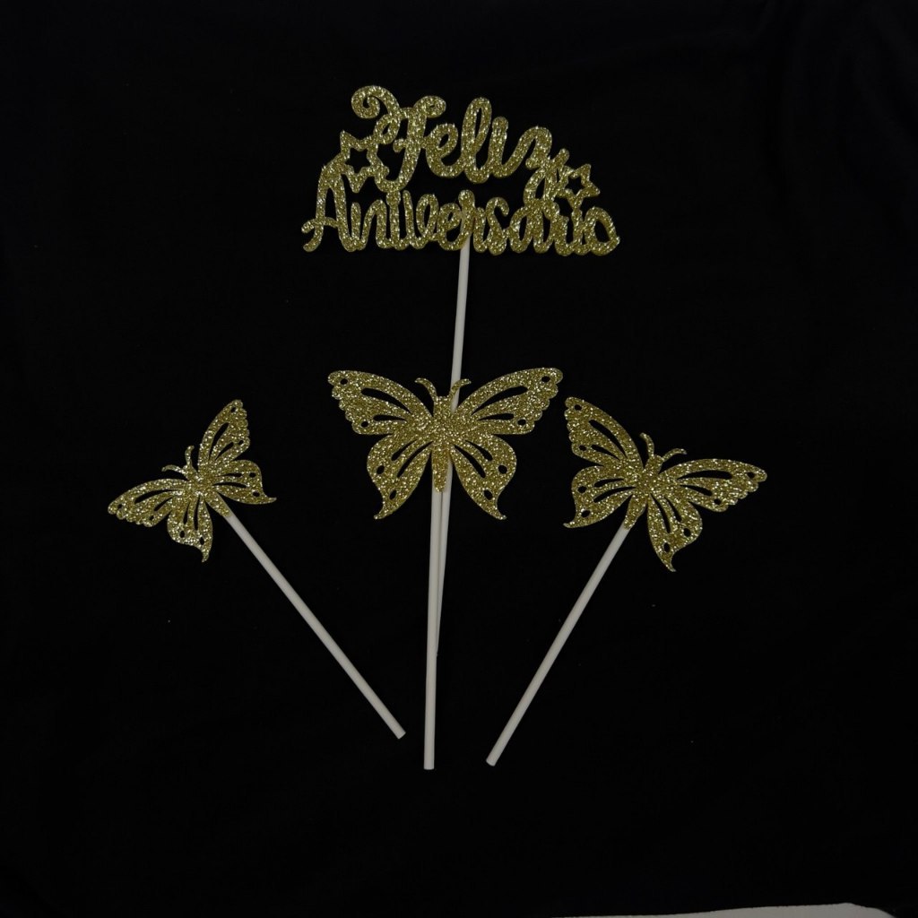 Topo de Bolo EVA Glitterizado Borboleta Feliz Aniversário Festa Decoração Enfeite Lembrancinha