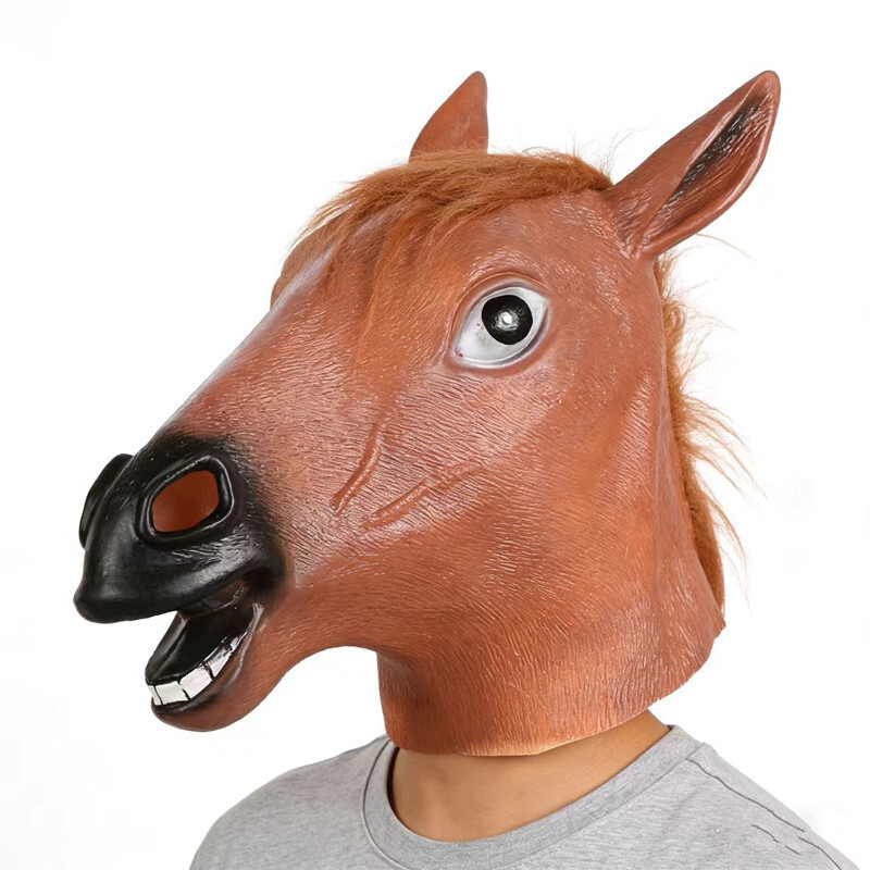 Engraçado Halloween cavalo cabeça máscara chapelaria Animal cosplay cavalo marrom chapelaria Spoof adereços vinil engraç