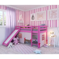 Cama Alta Infantil com Escorregador e Tenda em Madeira Maciça/MDF Rosa Rosa