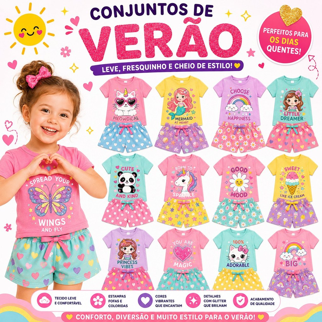 Kit Sortido 4 peças de Roupa Infantil Menina Verão  2 Conjuntos de Verão Feminino Moda Praia VERÃO Bebê Menina