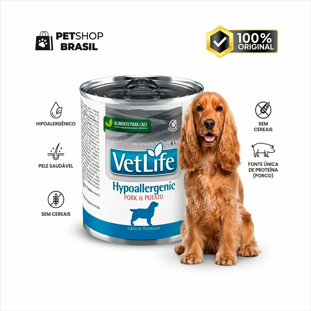 Raçao Umida Vet Life Canine Hypoallergenic Pork Potato 300G cães com alergias ou intolerâncias sabor porco e batata
