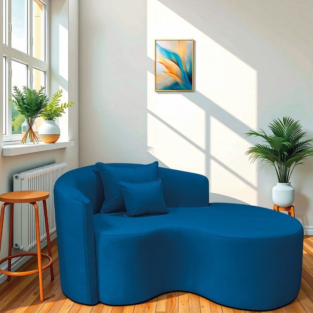Recamier Curvo Orgânico 150cm 2 Lugares Lado Direito para Sala de Estar Linho Londres Azul Royal Azul Royal