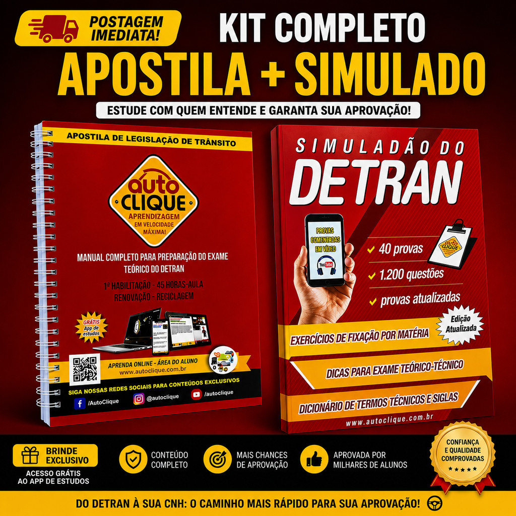Kit Completo Apostila + Simulado Detran CNH DO BRASIL Atualizado 2026 Auto Escola Provas Teóricas + APP DE ESTUDOS