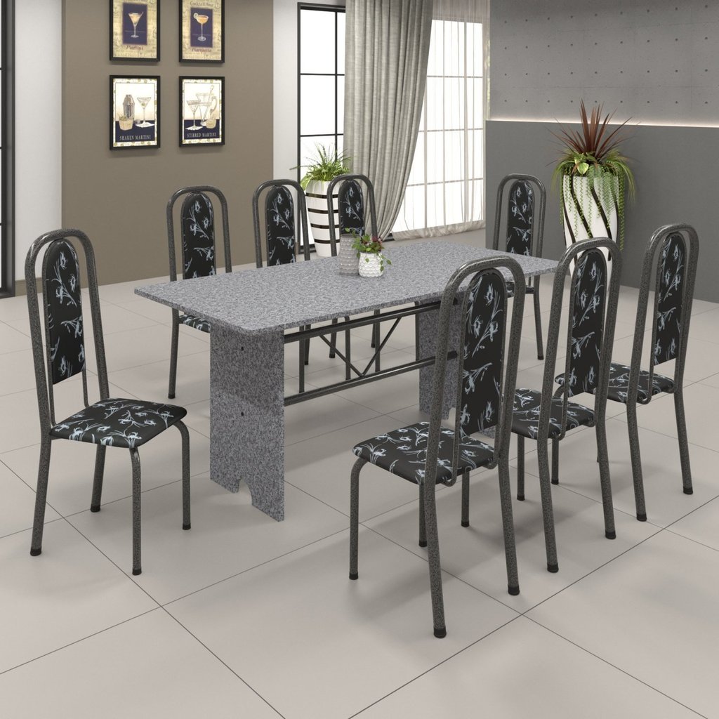 Conjunto de Mesa 180x75cm Tampo Granito com 8 Cadeiras Lavínea Cinza/Martelado Prata/Ocre/Preto Floral Martelado
