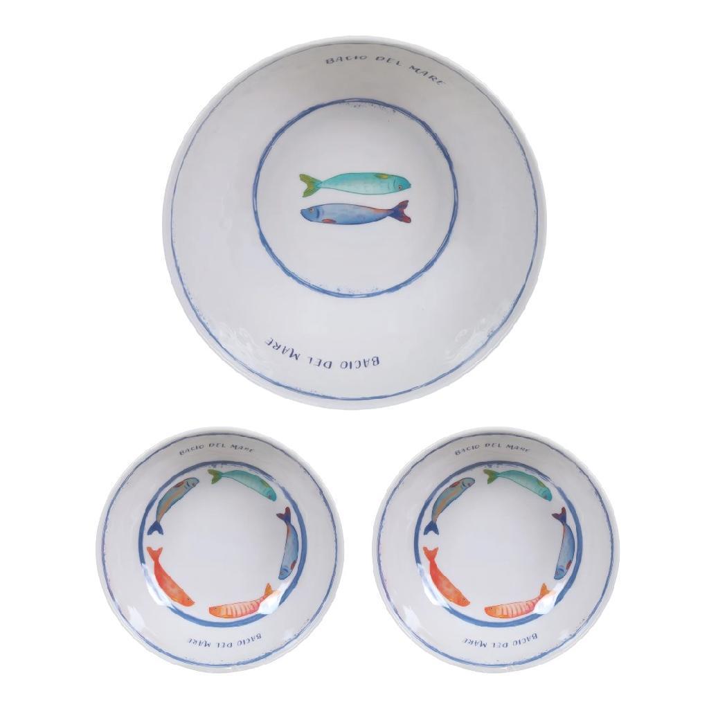 Conjunto Melamina Florarte Saladeira 3 Litros + 2 Bowls Fundo Do Mar Resistente Área Externa