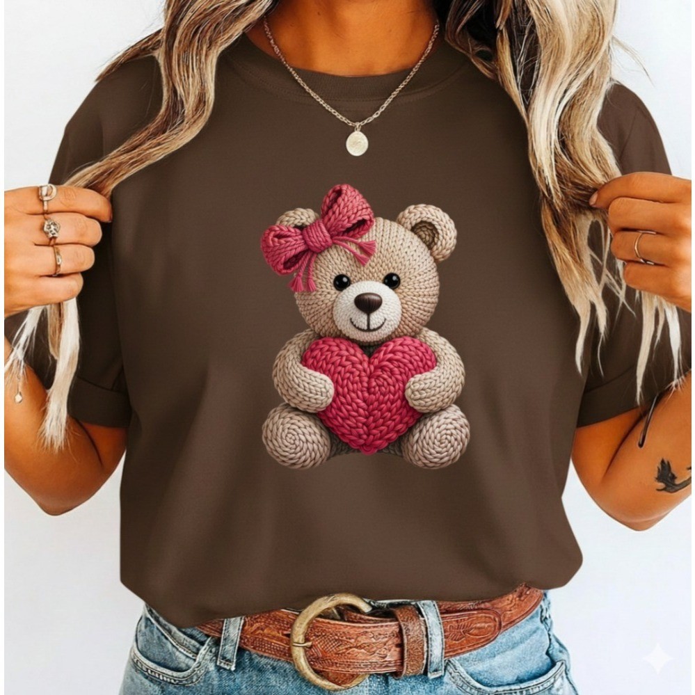 Camiseta Feminina Ursinho Urso Coração T-Shirt 100% Algodão Camisa Lançamento Blusa Feminina Básica