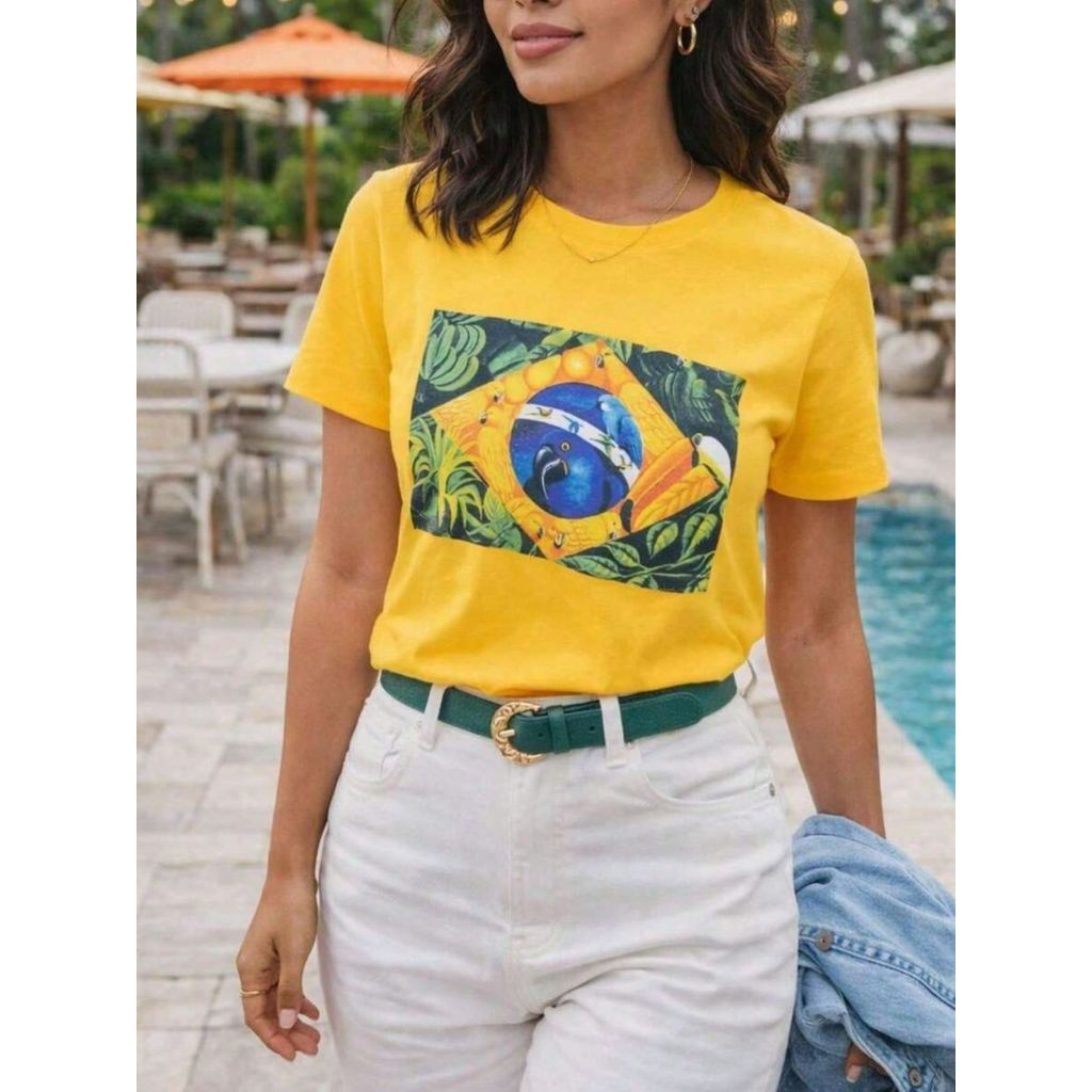 Camisa feminina delicada estampada Brasil pássaros ideal para copa do mundo camiseta 100% algodão confortável barata