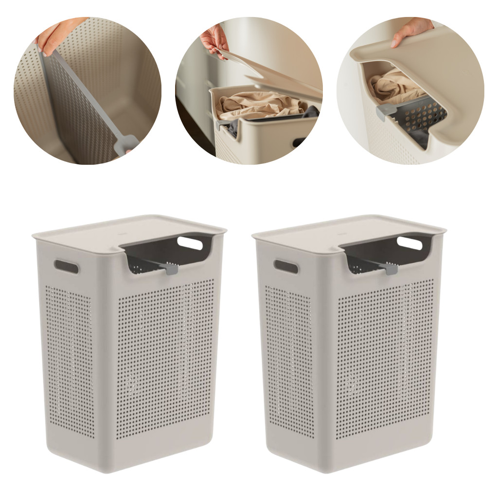 Kit 2 Cestos de Roupa Suja 50L Grande com Divisória Duplo Compartimento Tampa Abertura Frontal OU