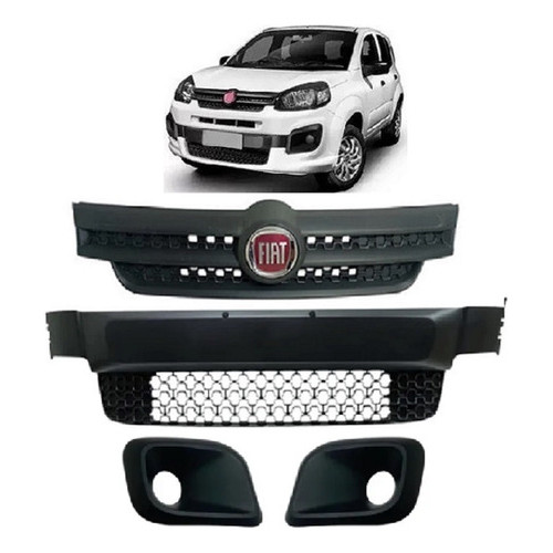 Kit Grade Dianteira Parachoque Uno 2017 2018 2019 20 21 2022 Preto Fosco Moldura Milha Com Furo Emblema Vermelho