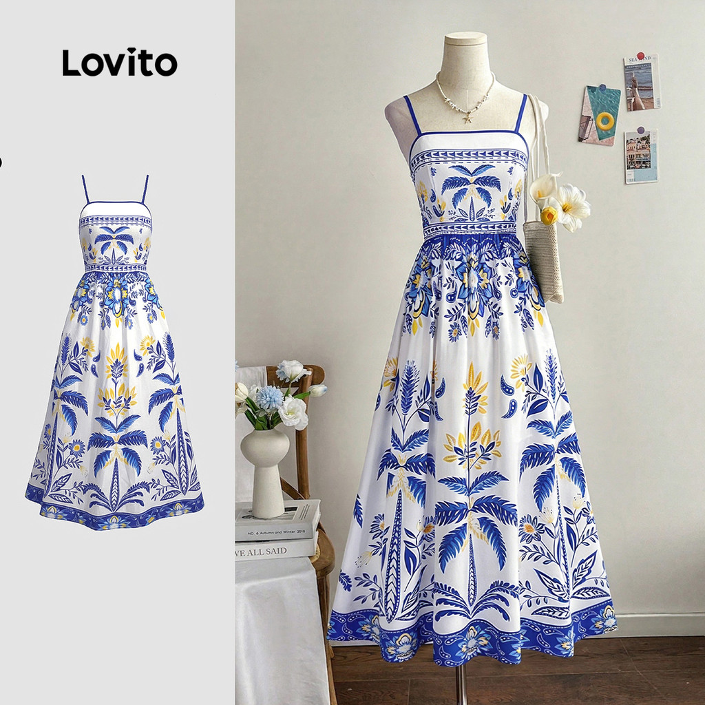 Lovito Férias Vestido Estampado com Zíper Praia Longo Floral para Mulheres na Pr
