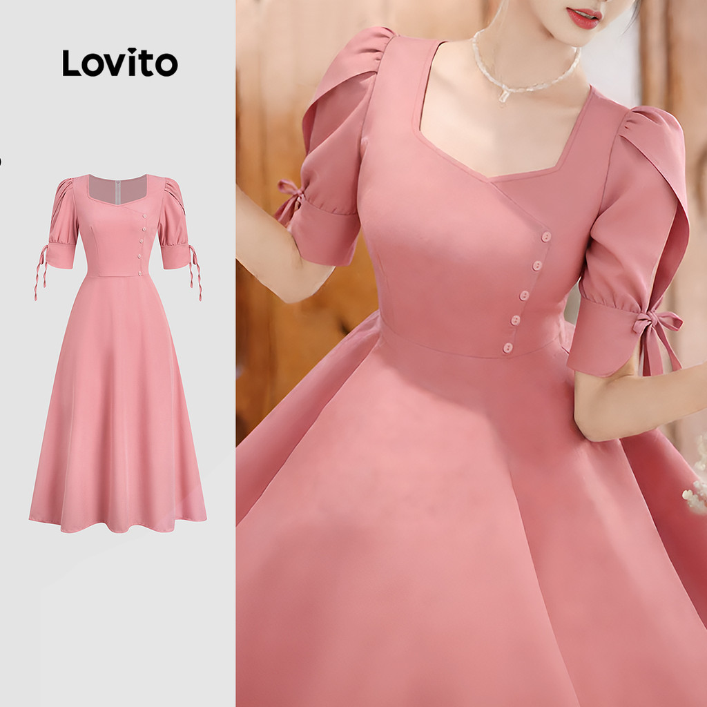 Lovito Vestido Elegante com Laço Rosa Moda Primavera/verão para mulheres L190ED4