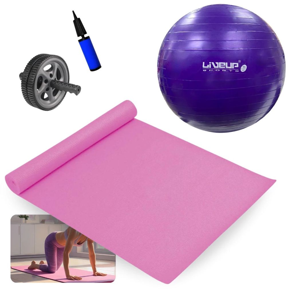Kit Bola Suiça 55 Cm + Colchonete Rosa + Roda Abdominal + Inflador Funcional