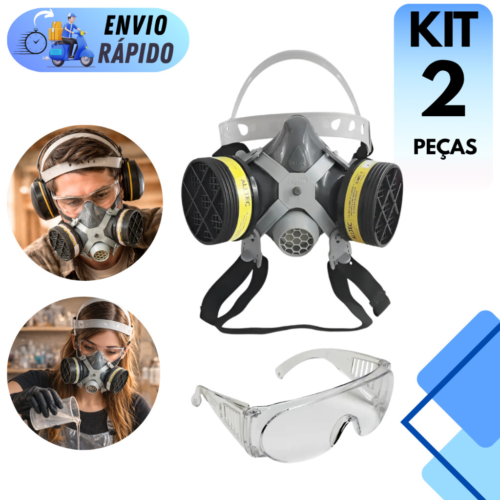 KIT RESPIRADOR 2002 COM FILTROS QUÍMICO VO+GA E OCULOS DE PROTEÇÃO INCOLOR PINTURA RESINA COM CA EPI