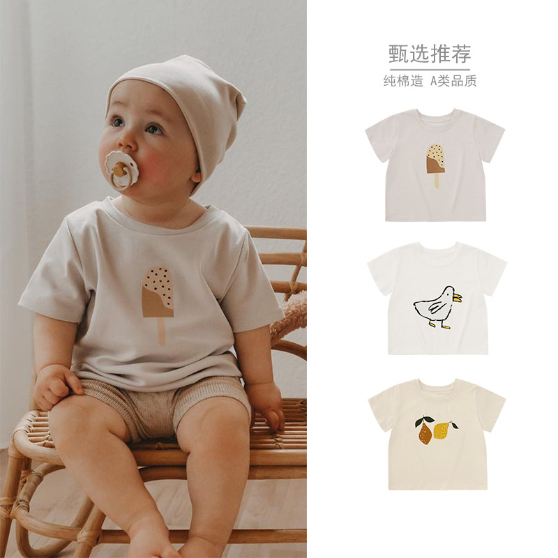 Verão novo estilo ins estilo roupas de bebê impresso manga curta camiseta meninos crianças 3 anos de idade 1 bebê menina