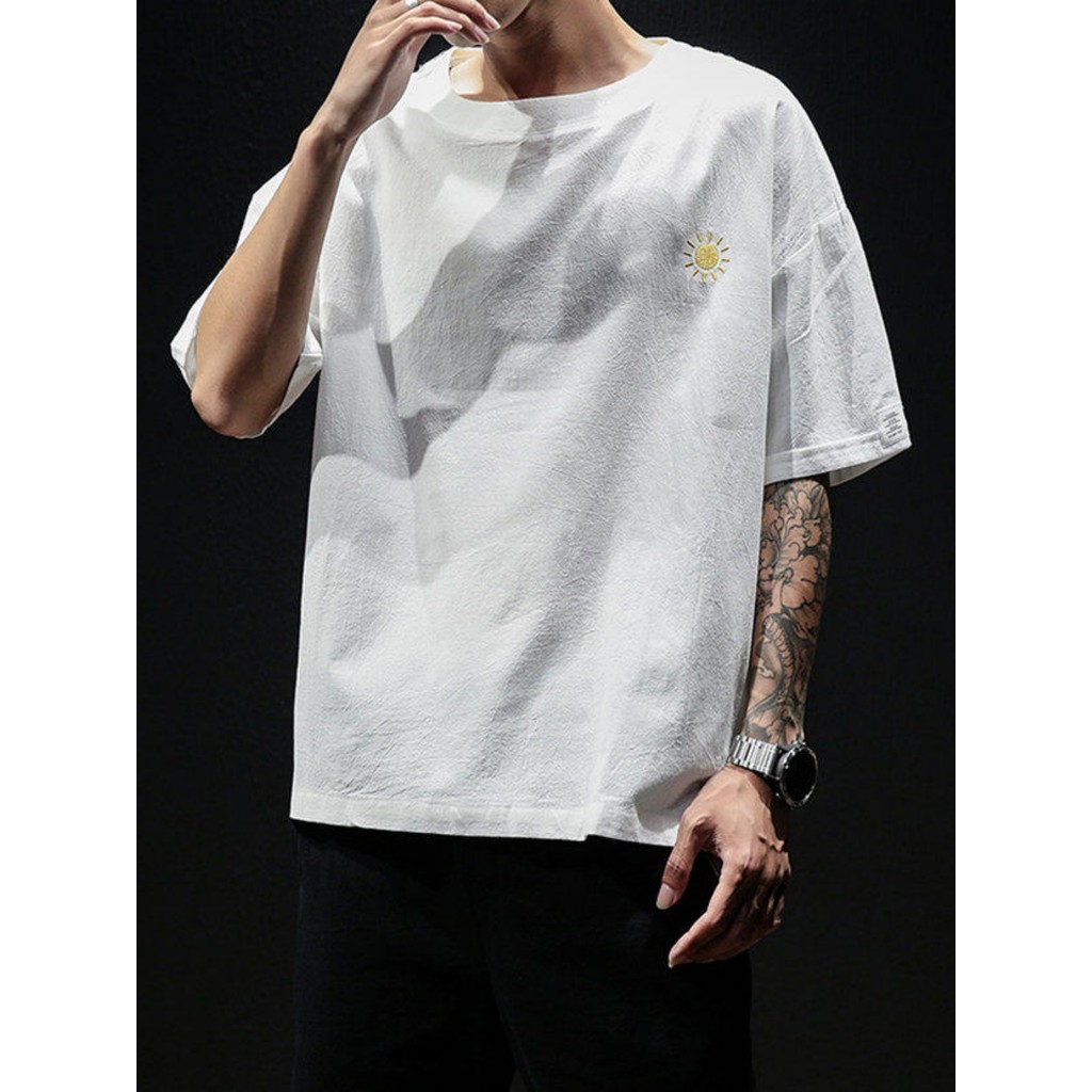 Roupa de rua masculina de manga curta solta meia manga algodão linho topo verão novo estilo camiseta masculina roupas de