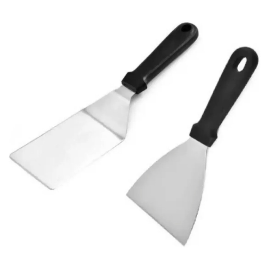 Imagem Kit Espátula Chapeiro Profissional de Inox 2 Peças Reta + Curva - Cozinha Burger Churrasco