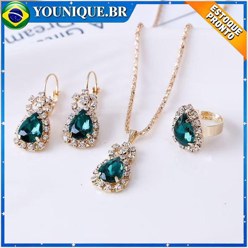Conjunto de joias femininas com pedras de zircônia verde em formato de gota, ideal para casamentos.