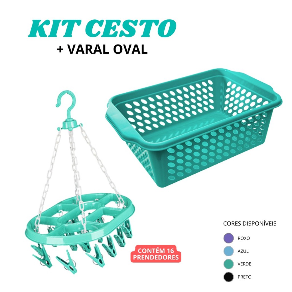 Kit Varal Oval  com 16 Prendedores e Cesto Organizador  Multiuso Lavanderia Compacto