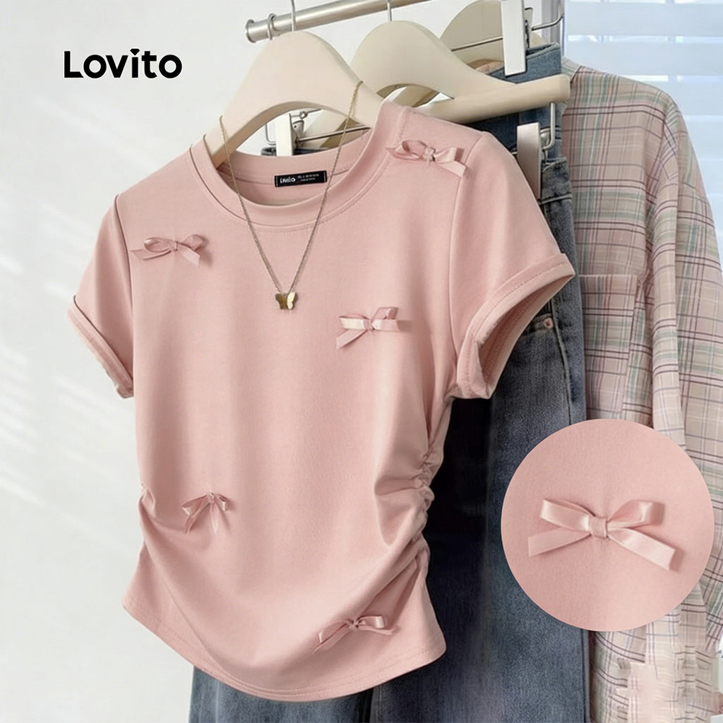 Lovito Camiseta Casual com Laço para O Dia a Dia Rosa feminina L183ED058