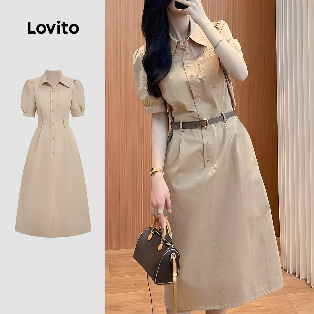 Lovito Vestido Casual com Botão e Bolso em Caqui para Mulheres LBL35195