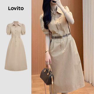 Lovito Vestido Casual com Botão e Bolso em Caqui para Mulheres LBL35195