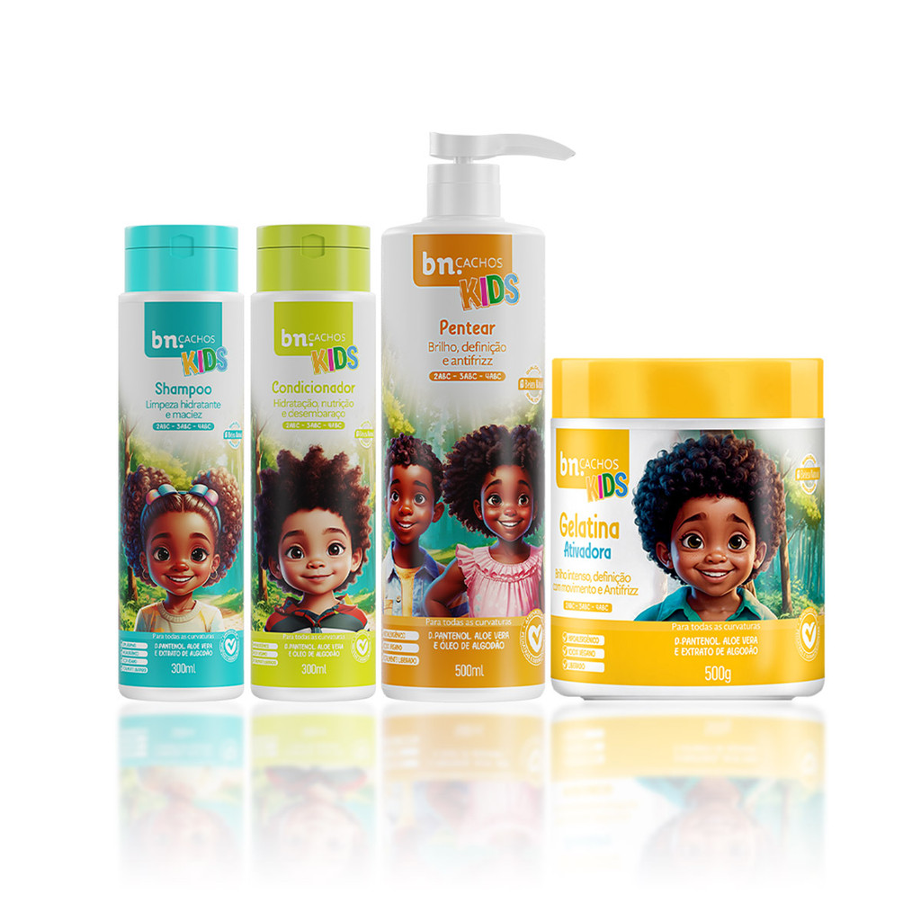 Kit Shampoo e Condicionador + Creme de Pentear + Gelatina 500g Linha Kids bn.Cachos