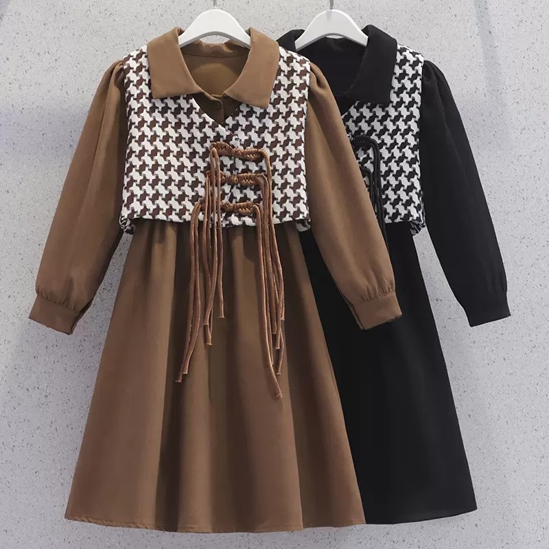 Meninas vestido primavera outono novo estilo temperamento das crianças de manga comprida moda colete saia moda bebê tern