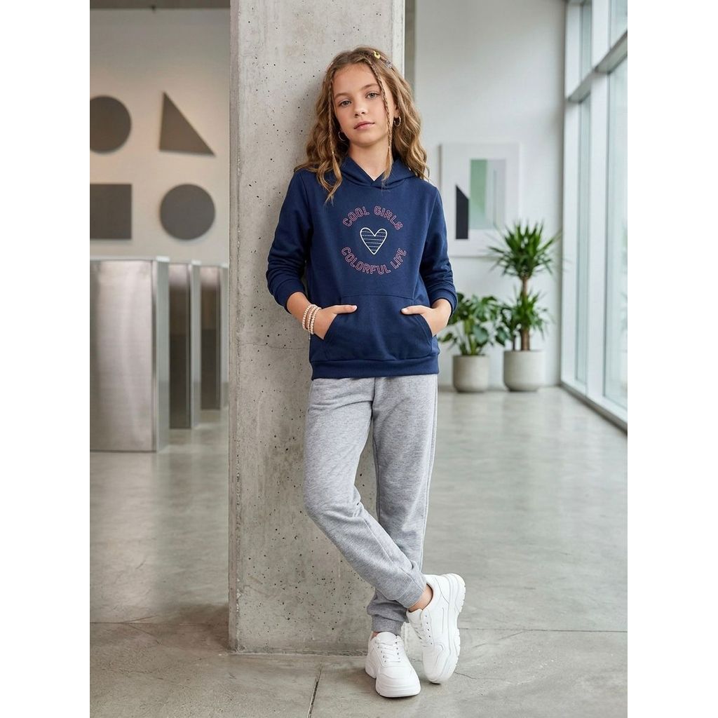 Conjunto juvenil menina azul inverno moletinho flanelado com capuz casaco + calça tamanho 10 12 14