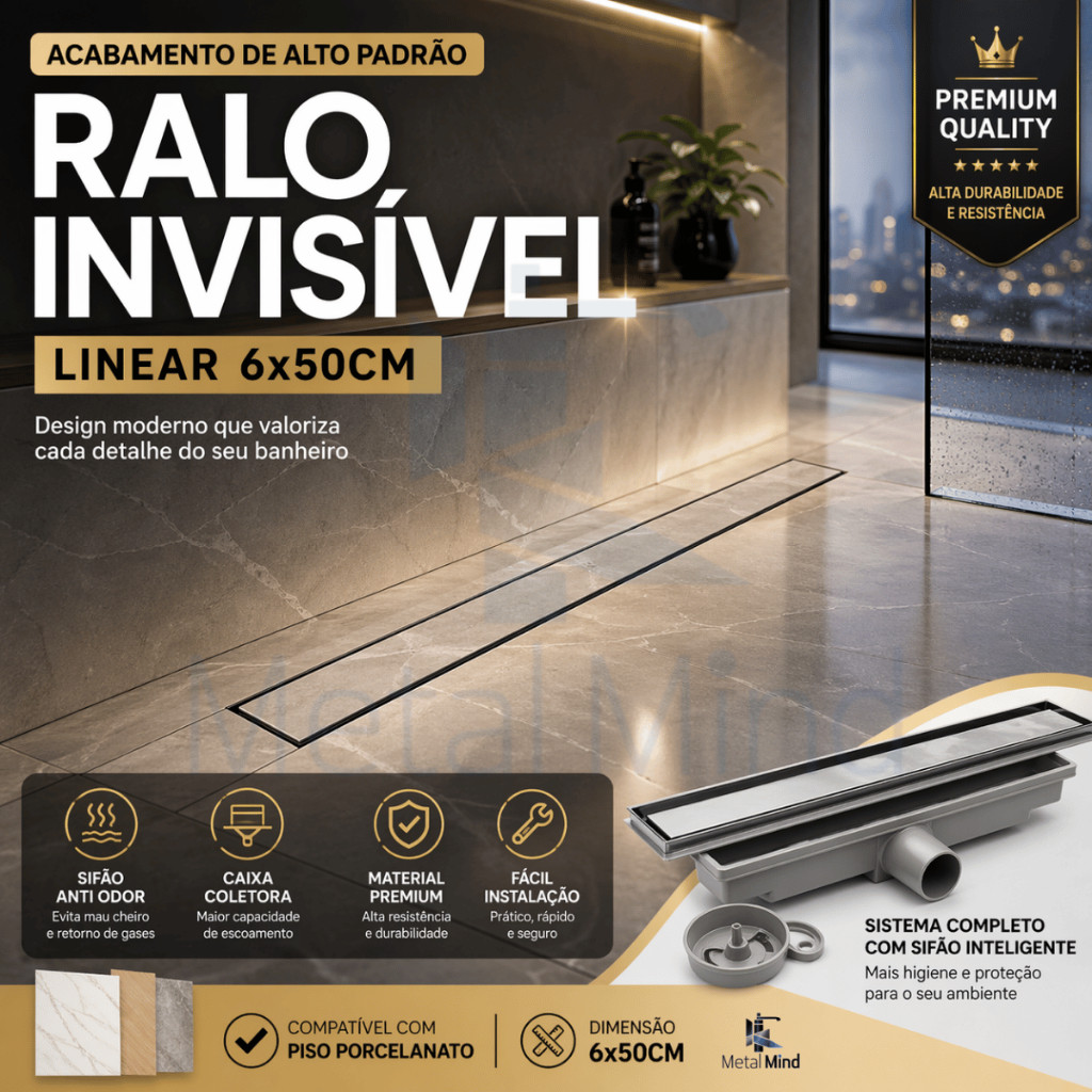 Ralo Invisível Linear 6x50cm Premium Anti Odor Com Sifão Oculto Para Porcelanato Banheiro Moderno